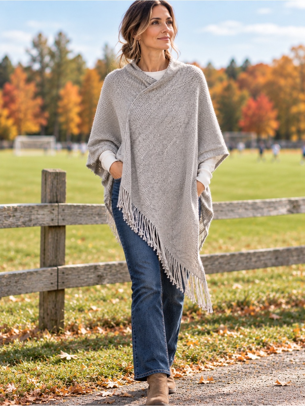 Gray Knit Fringe Poncho Asymmetrical Textured Wrap